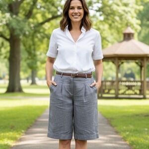 LOFT 100% Linen Bermuda Walking‎ Shorts Women 8 Gray 11" Pleated Front Pockets